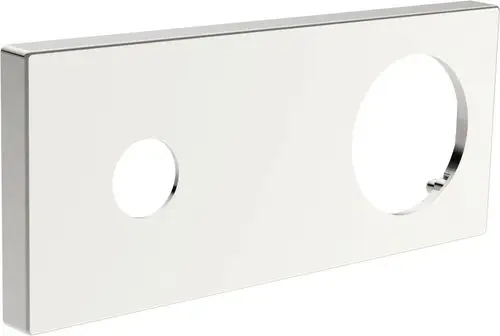 Abdeckplatte in Silber mit zwei Öffnungen. Eignet sich für die Verwendung mit HANSA-Produkten zur Abdeckung von Anschlüssen oder als Teil eines Installationssystems.